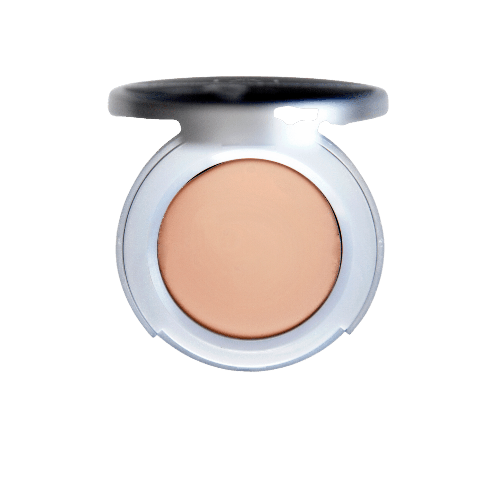 Dr. Berrettini's Mendocino Minerals 'Sand Dunes' All-Over Brightening Concealer in a glass container, showcasing a light-medium to tan shade with sandy undertones.