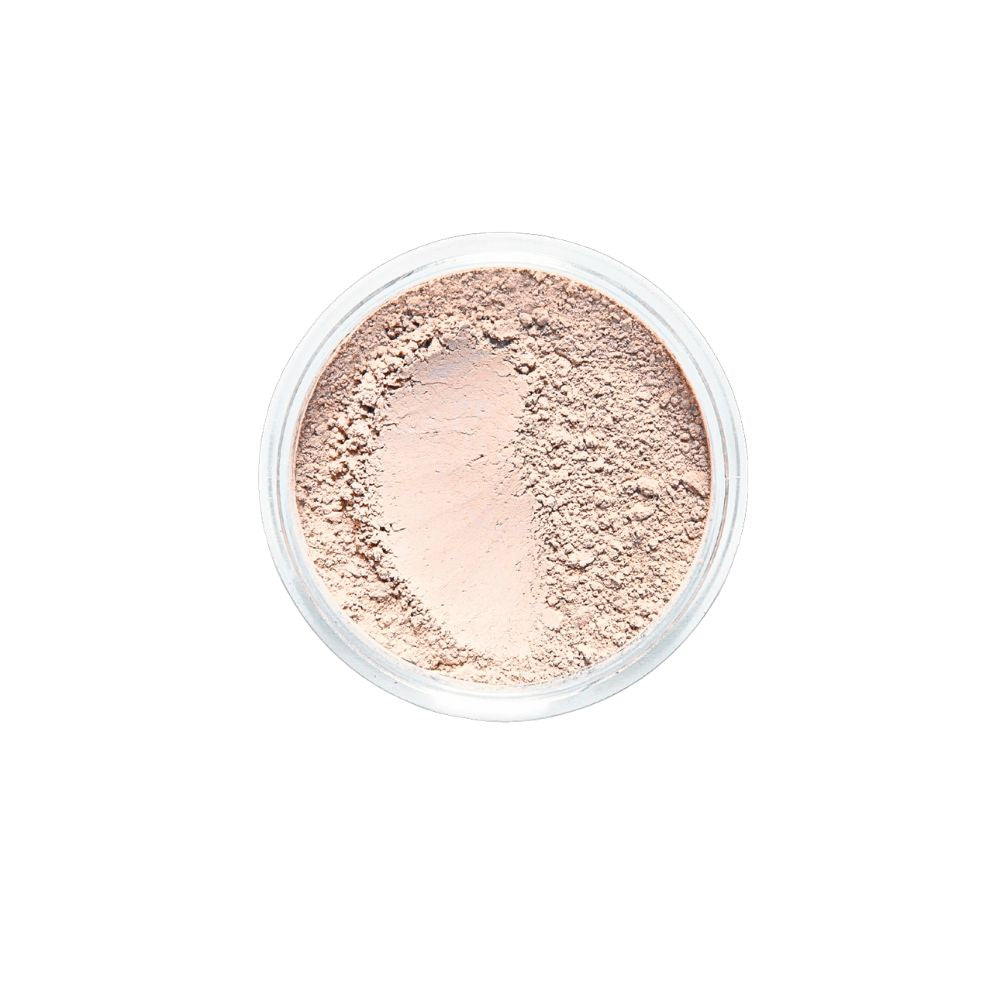 Top-down view of Dr. Berrettini's Mendocino Minerals 'Sheerly Flawless Foundation - Morning Light' in a round container, featuring a peachy, fairly neutral tone with balanced undertones and a distinct indentation, ideal for light skin tones.