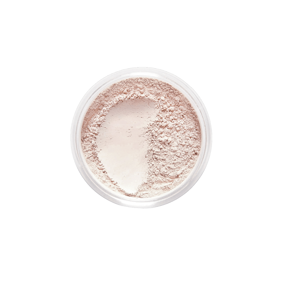 Top-down view of Dr. Berrettini's Mendocino Minerals 'Sheerly Flawless Foundation - Pearl' in a round container, featuring a subtle, neutral tone with a hint of coolness and a distinct indentation, ideal for porcelain to fair skin tones.