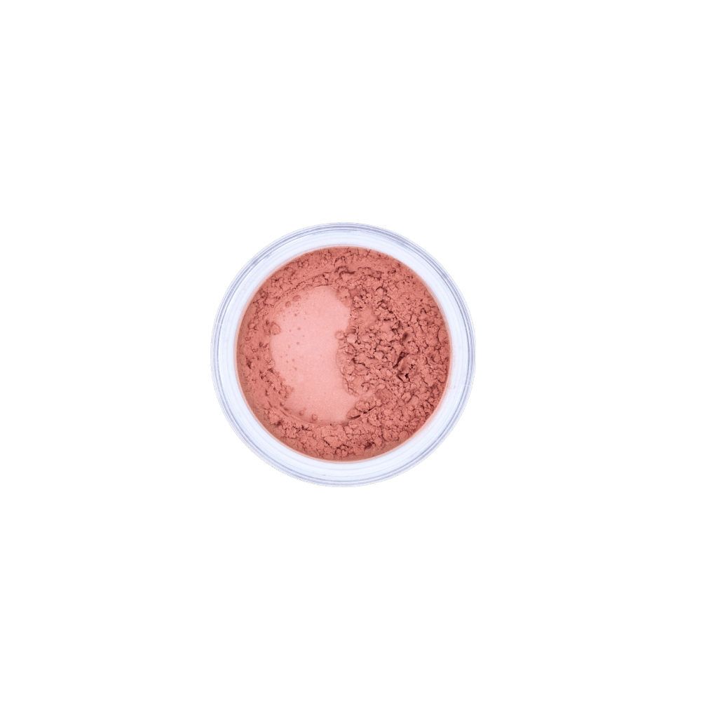 Top-down view of Dr. Berrettini's Mendocino Minerals 'Caspar Coral' Versatile  Blush in a round container, showcasing a pink blush with lively coral undertones.